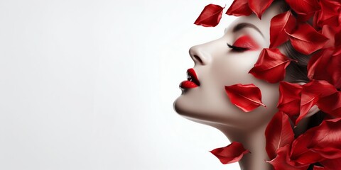 Elegant Beauty with Red Rose Petals and Striking Red Lips. Generative ai - obrazy, fototapety, plakaty