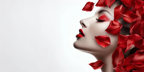 Elegant Beauty with Red Rose Petals and Striking Red Lips. Generative ai © NovaVision