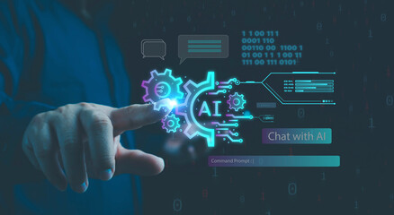 Ai technology, businessman show virtual graphic Global Internet connect Chat with AI, Artificial Intelligence. using command prompt for generates something, Ai, Futuristic technology transformation.