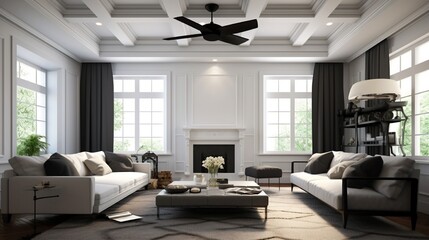 A living room with a sleek, white coffered ceiling design, incorporating recessed lighting and a contemporary ceiling fan