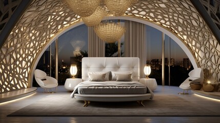 A luxurious bedroom featuring a ceiling with an intricate geometric pattern in white and gold, illuminated by hidden LED lights - obrazy, fototapety, plakaty