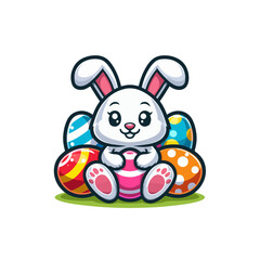 Easter day with cartoon cute happy bunny holding colorful egg or bouquet laughing Decoration easter