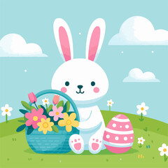 Happy Easter Day with eggs and rabbit background. Vector art illustration.