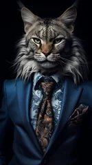 Wild cat dressed in an elegant blue suit, confident and classy. Fashion portrait of an anthropomorphic animal, feline, posing with a charismatic human attitude © mozZz