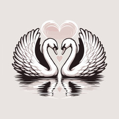 Vector illustrations of two swans are forming a heart with their heads together.