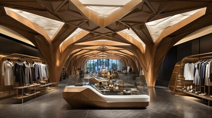A luxury retail store with a geometric-patterned ceiling, combining wood and glass elements for a sophisticated ambiance