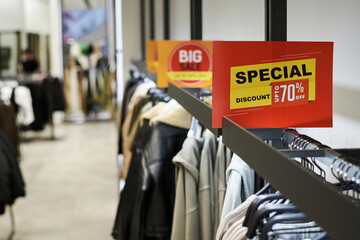 Closeup of big sale advertisement banner at mass market store