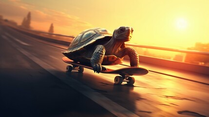 Adventurous Turtle Skateboarding at Sunset. Generative ai - obrazy, fototapety, plakaty