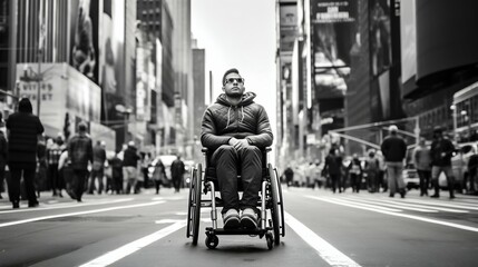 Wheelchair User Navigating City Streets at Sunset. Generative ai