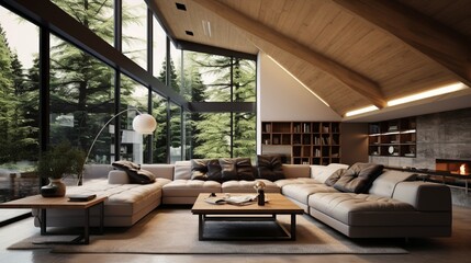 A modernist living room with an asymmetrical ceiling design, combining different materials and levels for a unique look