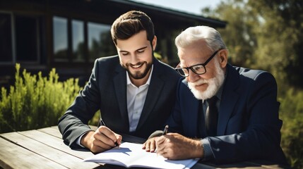 Senior and Young Man Reviewing Documents Together Outdoors. Generative ai