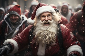 army of Santa clauses in Ukraine in winter - obrazy, fototapety, plakaty