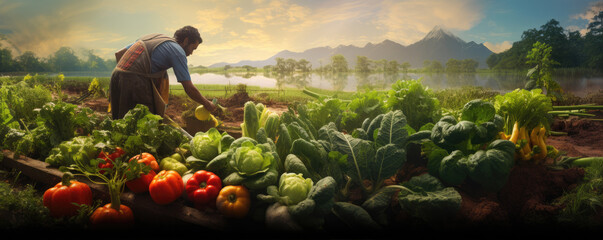 Farmer harvest fresh vegetable from his farm - obrazy, fototapety, plakaty