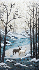 Snow covered trees. AI generated art illustration.