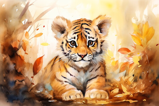 Watercolor Cute Tiger Cub in a Indian Jungle Painting Background