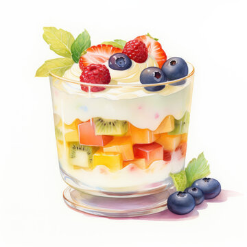 Watercolor dessert. Fruit cake on white background