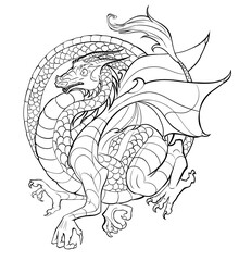 Linear drawing dragon symbol New Year 2024 outline coloring book for children and adults. Outline beast with scales pattern in Japanese Chinese style clip art design hand drawn evil character wings 