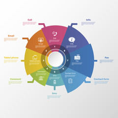 Infographics with Contact theme icons, 10 steps. Such as call, email, tablet phone, comment and more.