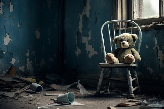 A teddy bear toy sits on a chair in an abandoned house with cracked windows and peeling paint, copy space