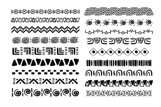 Set african tribal motive border in doodle hand drawn style from geometrical shapes isolated on white background. boho scandinavian srtoke, traditional native decor.