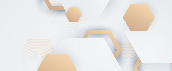 3D white gold geometric abstract background overlap layer on bright space decoration. Minimalist modern graphic design element cutout style concept for banner, flyer, card, or brochure cover
