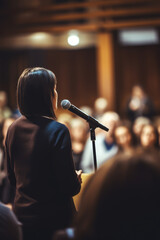 Woman speaker speaks with a microphone in front of a large audience of listeners. Master class, educational lecture, self-development, business speech at the conference, vertical. - obrazy, fototapety, plakaty