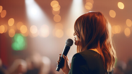 Young Woman speaker speaks with a microphone in front of a large audience of listeners. Master class, educational lecture, self-development, business speech at the conference.