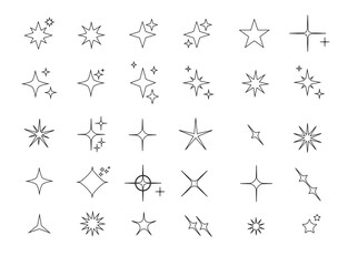 Minimalist silhouette Star icons, star shape vector set. Abstract y2k sparkles. Twinkling stars, abstract sparkle black silhouettes symbol shining burst. Vector