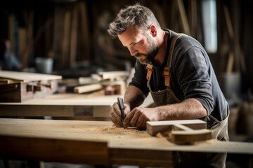 An experienced carpenter passionately crafting wooden furniture in a workshop - obrazy, fototapety, plakaty