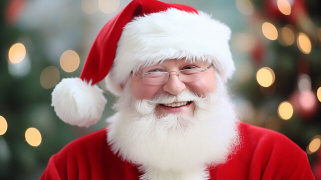 image of portrait of smiling senior man in Santa Claus hat with long white