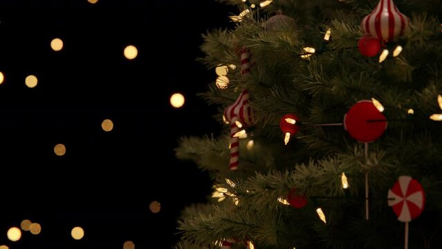 3d christmas tree decoration with light, glass ball and red ornaments on background bokeh of side flickering light bulbs garlands for family winter holiday. 4k Video Loop background
