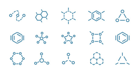 Molecule science icon set. The chemical biotechnology structure. Editable outline stroke. Vector line open paths illustration.