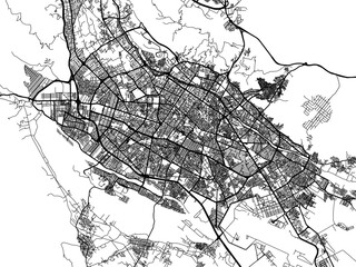 Naklejka premium Vector road map of the city of Shiraz in Iran with black roads on a white background.
