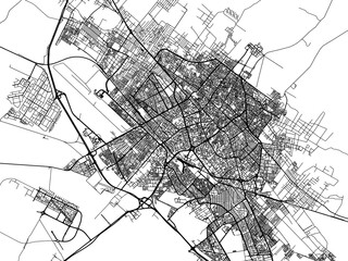 Vector road map of the city of Yazd in Iran with black roads on a white background.