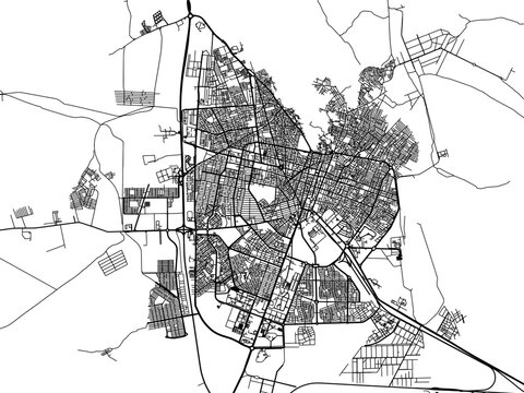 Vector road map of the city of Zahedan in Iran with black roads on a white background.
