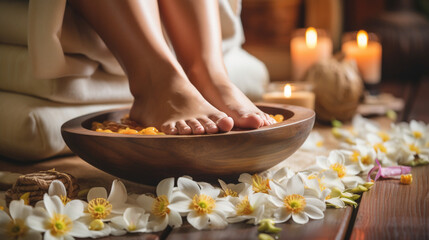 Feet massage, Thai Massage Spa Therapy with Herbal Towel Compress Ball, Coconut Oil, Perfume, Cosmetics, and Plumeria Flower on Massage Bed created with Generative Ai - obrazy, fototapety, plakaty