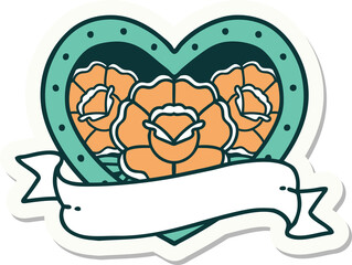 sticker of tattoo in traditional style of a heart and banner with flowers