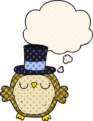 cartoon owl wearing top hat with thought bubble in comic book style