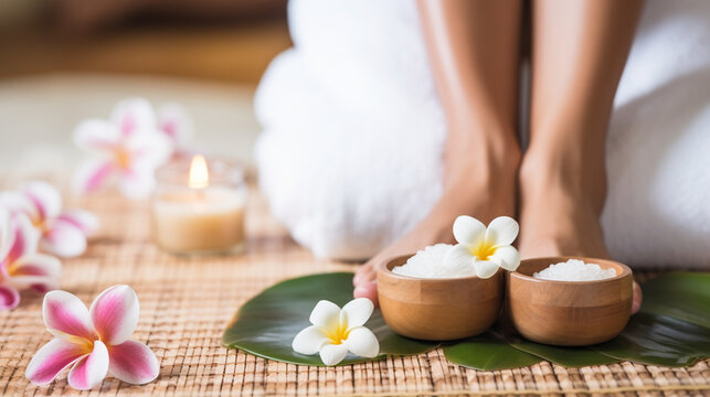 Feet massage, Thai Massage Spa Therapy with Herbal Towel Compress Ball, Coconut Oil, Perfume, Cosmetics, and Plumeria Flower on Massage Bed created with Generative Ai