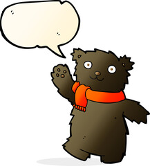 cartoon teddy bear wearing scarf with speech bubble