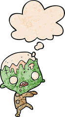 cartoon zombie with thought bubble in grunge texture style
