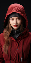 Schöne Fashion Frau Gesicht mit roter Kaputzenjacke Nahaufnahme im Hochformat für Banner, ai generativ