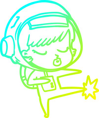 cold gradient line drawing of a cartoon pretty astronaut girl karate kicking