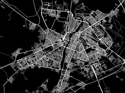 Vector road map of the city of Ahvaz in Iran with white roads on a black background.
