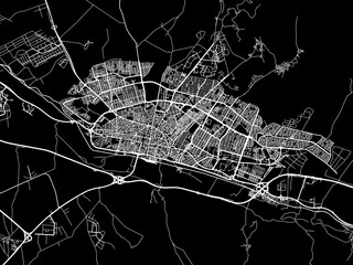 Vector road map of the city of Zanjan in Iran with white roads on a black background.