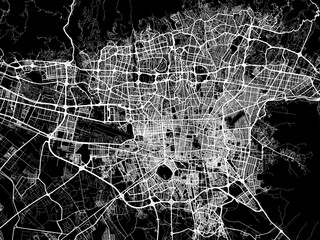 Vector road map of the city of Tehran in Iran with white roads on a black background.