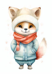 Watercolor aquarell drawing happy cute polar fox wearing cosy winter clothes on white background created with Generative Ai