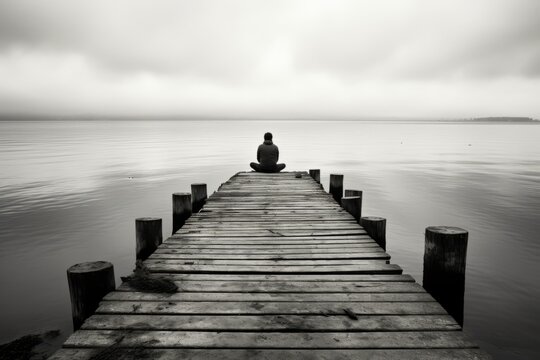 The silhouette of a solitary man sits pensively on an old pier near the water, exuding an aura of deep sadness