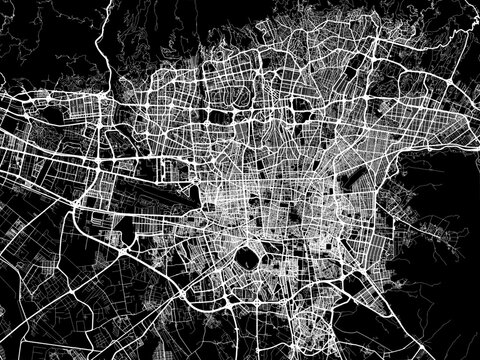 Vector road map of the city of Tehran in Iran with white roads on a black background.