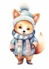 Fototapeta premium Watercolor aquarell drawing happy cute polar fox wearing cosy winter clothes on white background created with Generative Ai